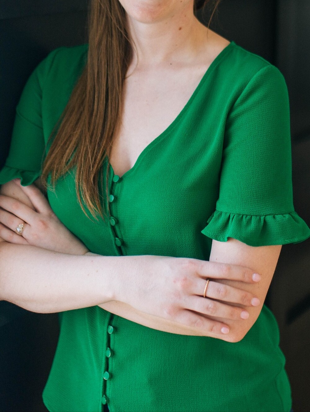 CeCe Emerald Green V-Neck Button Front Ruffle Sleeve Blouse